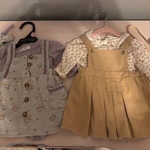 Nicole Miller Girls Floral Lilac Dress and Tan Corduroy Pinafore Set